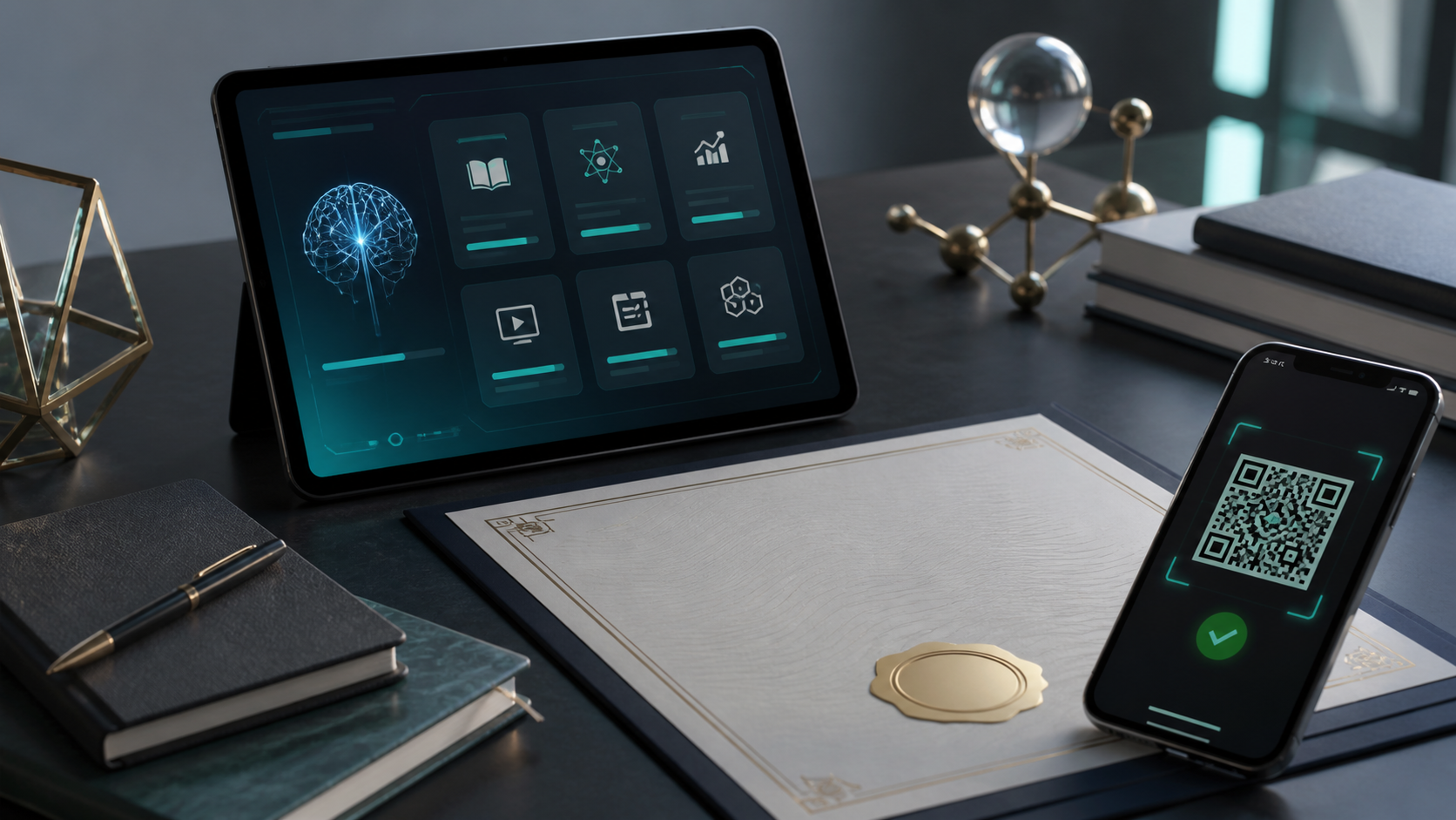 Premium desktop scene showing an AI learning interface, certificate artwork, and phone QR verification.