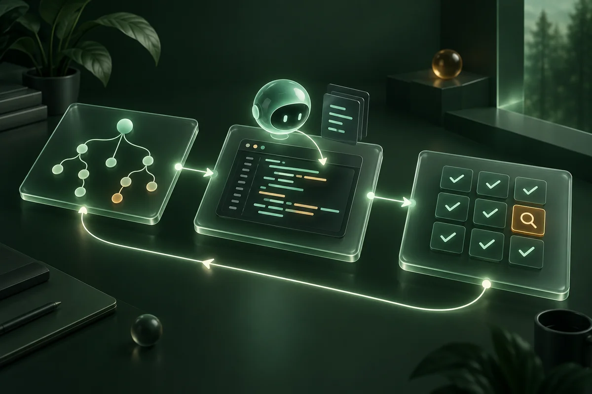 A problem tree leads to AI-assisted code, then independent tests, with a feedback path back to the problem.
